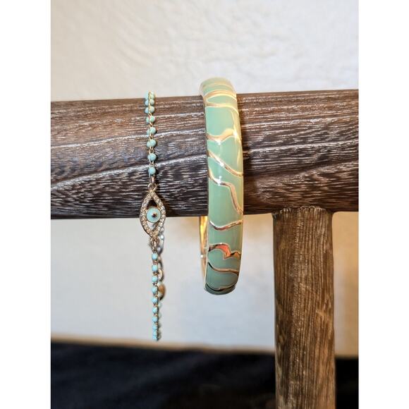 Mint Enamel Silver Tone Bangle Bracelet & J. Crew Mint Beaded Bracelet Lot - Picture 9 of 9